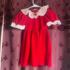 Vintage Red Velvet Rosette White Ribbon Girls Dress Size Five